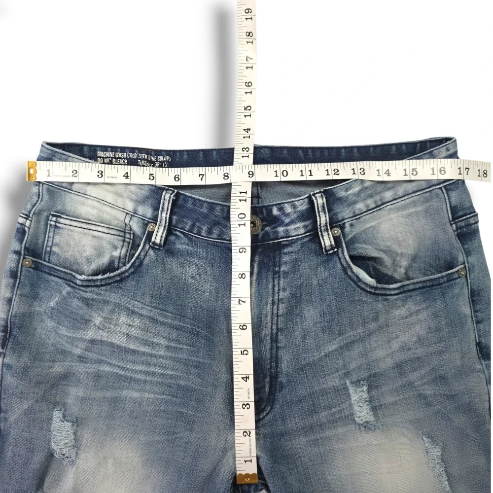 Smoke Rise Distressed Slim Straight Jeans Ripped Knee Moto Light Wash Y2K 34x34